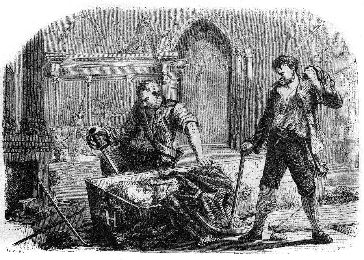 Revolución Francesa (Convención): apertura del ataúd del Rey Enrique IV (1553-1610) durante la profanación de las tumbas reales de la iglesia de Saint Denis en 1793. Grabado de 1860 de French School
