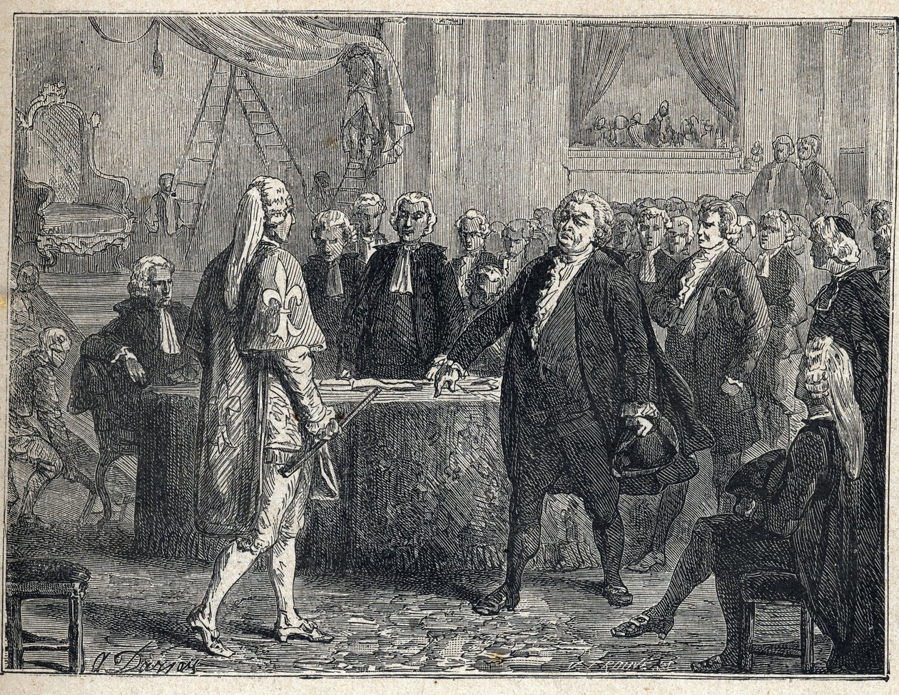 Revolución Francesa - Asamblea General el 23/06/1789: Honoré Gabriel (Honoré-Gabriel) Riqueti, Conde de Mirabeau (1749-1791) apostrofando a Henri Evrard (Henri-Evrard), Marqués de Dreux Brézé (Dreux-Brézé) (1762-1829). Grabado de 1889. Colección privada de French School