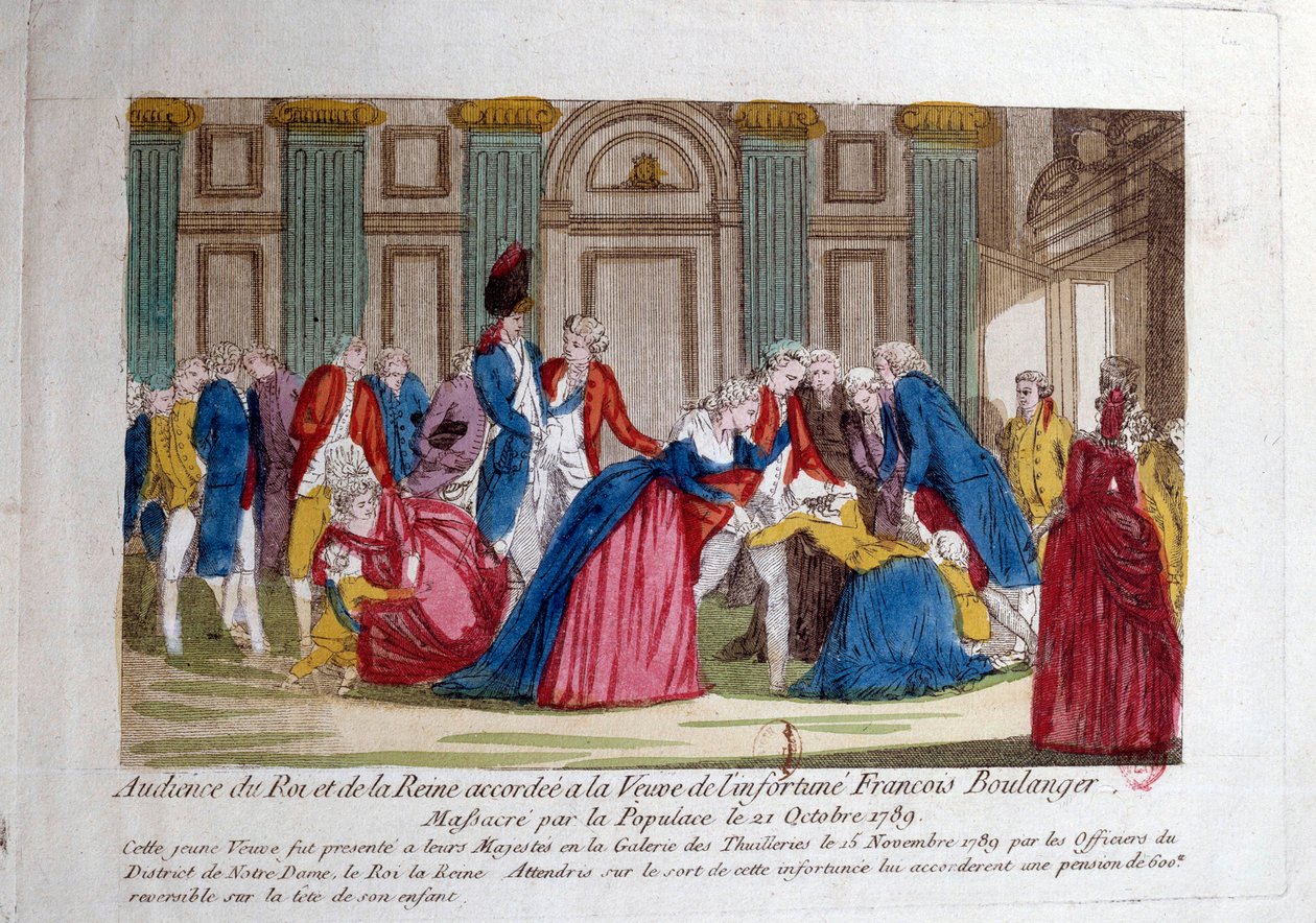 Revolución Francesa: audiencia de Luis XVI y María Antonieta el 15/11/1789 concedida a la viuda de François Boulanger masacrado por la multitud el 21/10/1789. Grabado del siglo XVIII. París, Biblioteca del Arsenal de French School