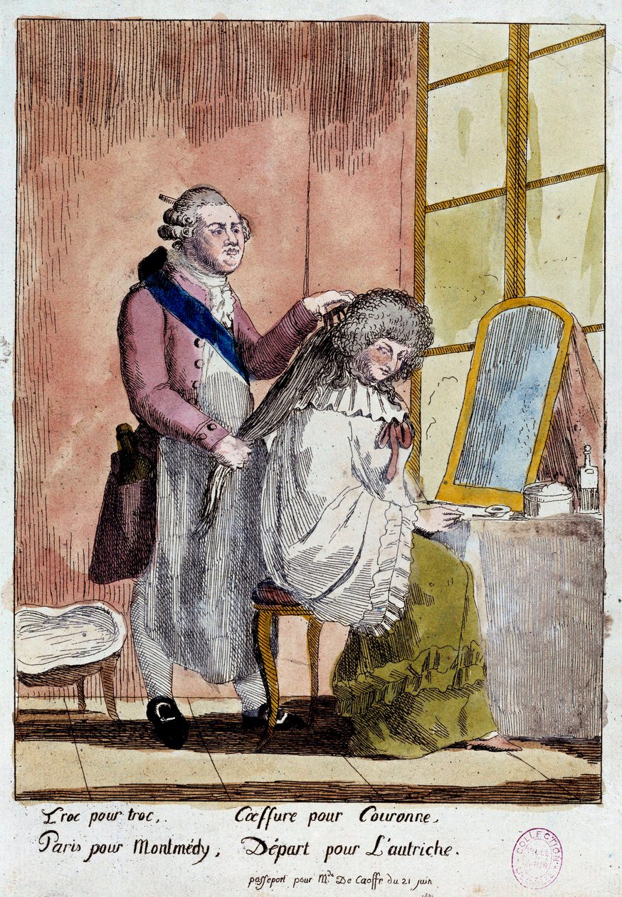 Revolución Francesa: Viñeta sobre la huida de la familia real a Varenne los días 20 y 21/06/1791: El rey Luis XVI estilando a la reina María Antonieta debía partir con el pasaporte falso de institutriz de los hijos de la baronesa de Korff. Colou anonyme de French School