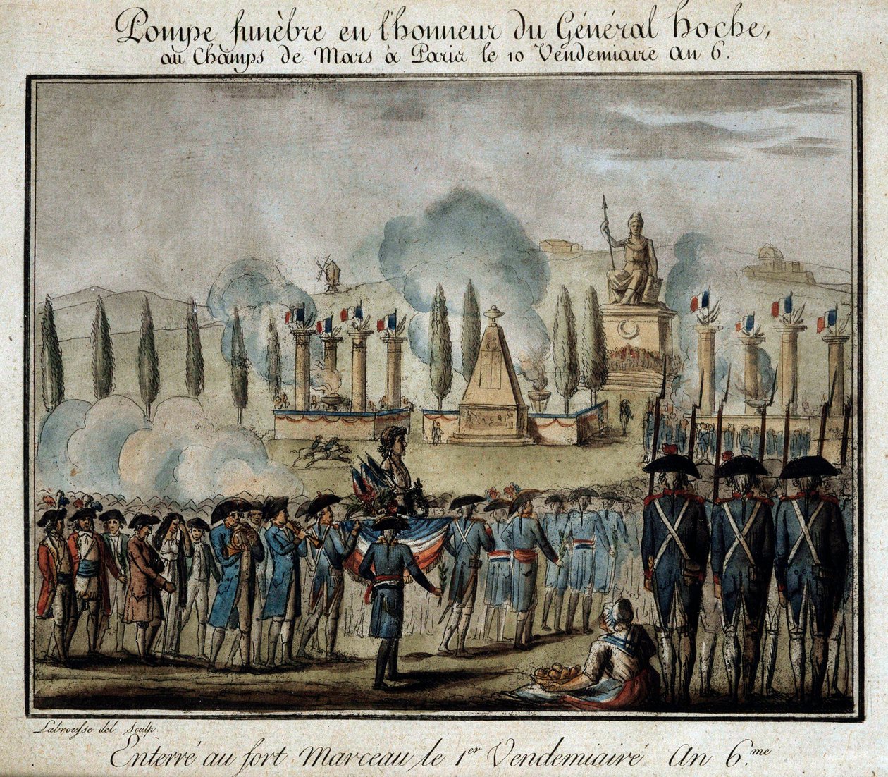 Revolución Francesa: ceremonia de pompa fúnebre en honor del General Lazare Hoche (1768-1797) en el Campo de Marte en París el 10 de Fructidor año 6. Grabado de 1797. Versalles, museo Lambinet de French School