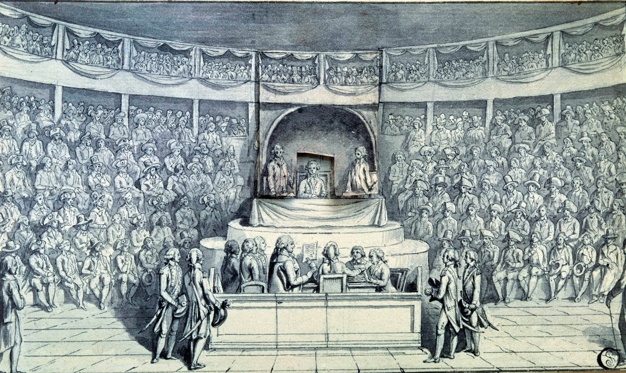 Revolución Francesa: El Rey Luis XVI (1754-1793) en el banquillo es interrogado por Antoine Barnave (1761-1793) durante su juicio ante la Convención Nacional que decidirá su sentencia de muerte el 21/01/1793. Dibujo anónimo alrededor de 1793. París, Museo  de French School