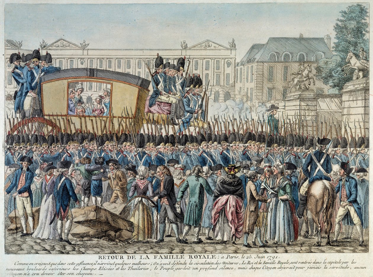 Revolución Francesa: "Regreso de la familia real a París el 25/06/1791" El cortejo cruza la plaza de la Concordia. Grabado de la escuela francesa de finales del siglo XVIII. París Museo Carnavalet de French School