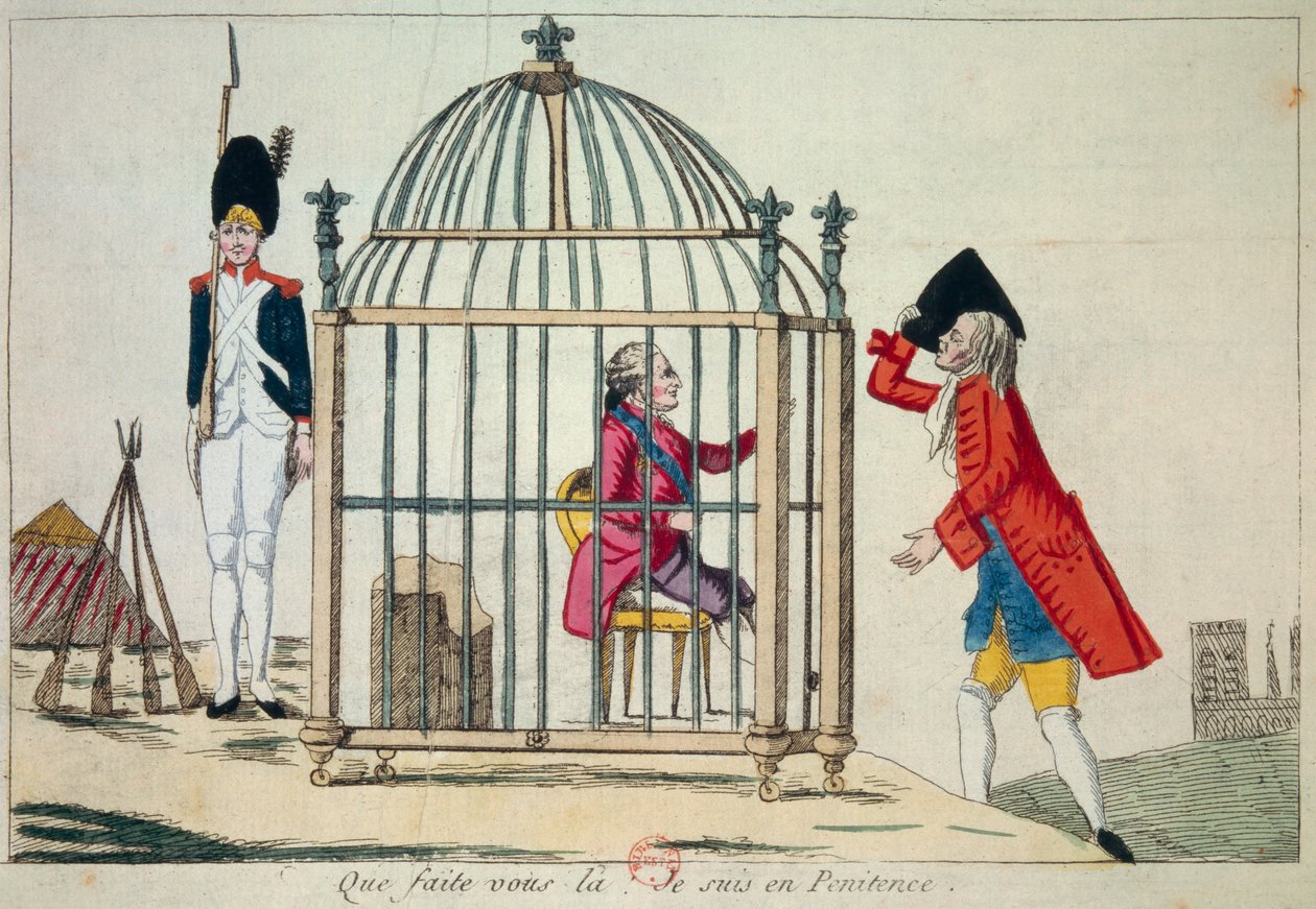 Revolución Francesa: "¿Qué haces, estoy en penitencia" Rey Luis XVI (1754-1793) representado en una jaula en la víspera de su huida a Varennes en junio de 1791. Grabado satírico París, Biblioteca del Arsenal de French School
