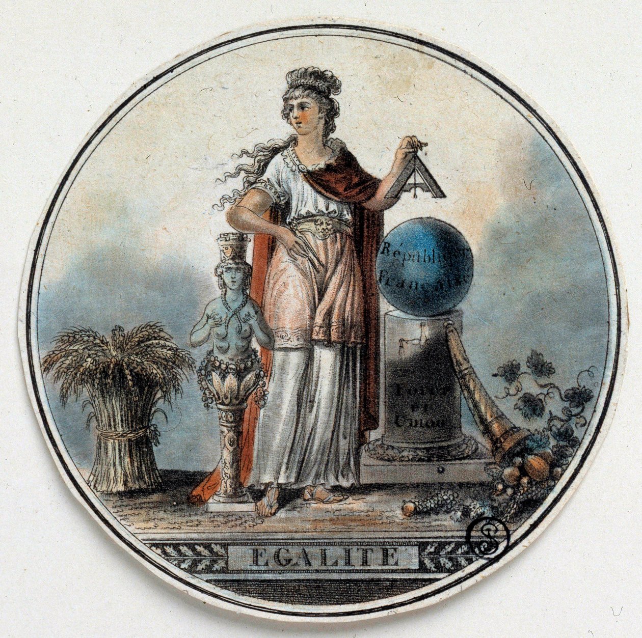 Revolución Francesa: alegoría de Egalite como una mujer que sostiene un cuadrado cerca de la república francesa, un cuerno de la abundancia. Finales del siglo XVIII París, B.N. de French School