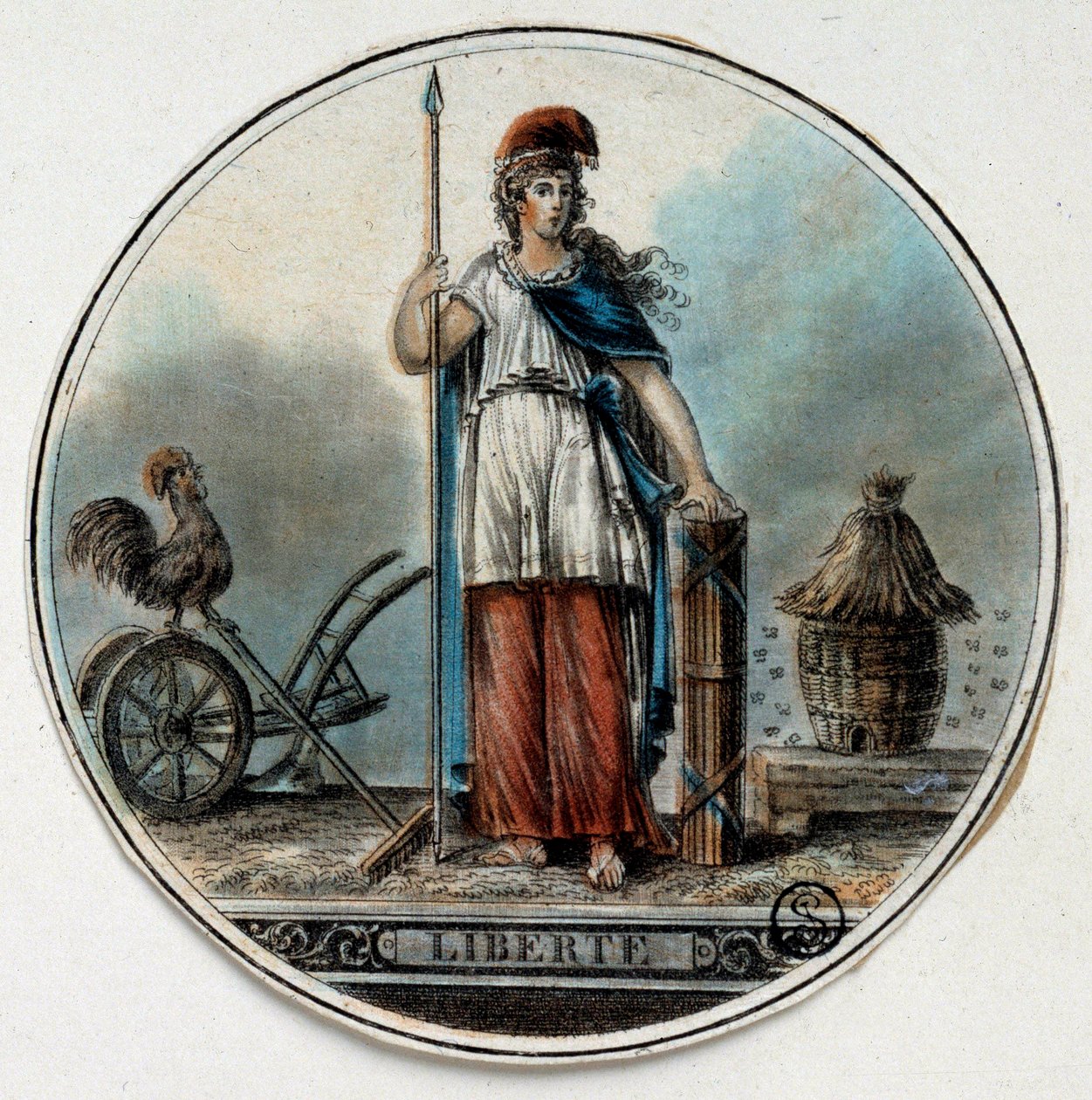 Revolución Francesa: alegoría de la Libertad como una mujer cerca de una colmena y un gallo. Finales del siglo XVIII París, B.N. de French School