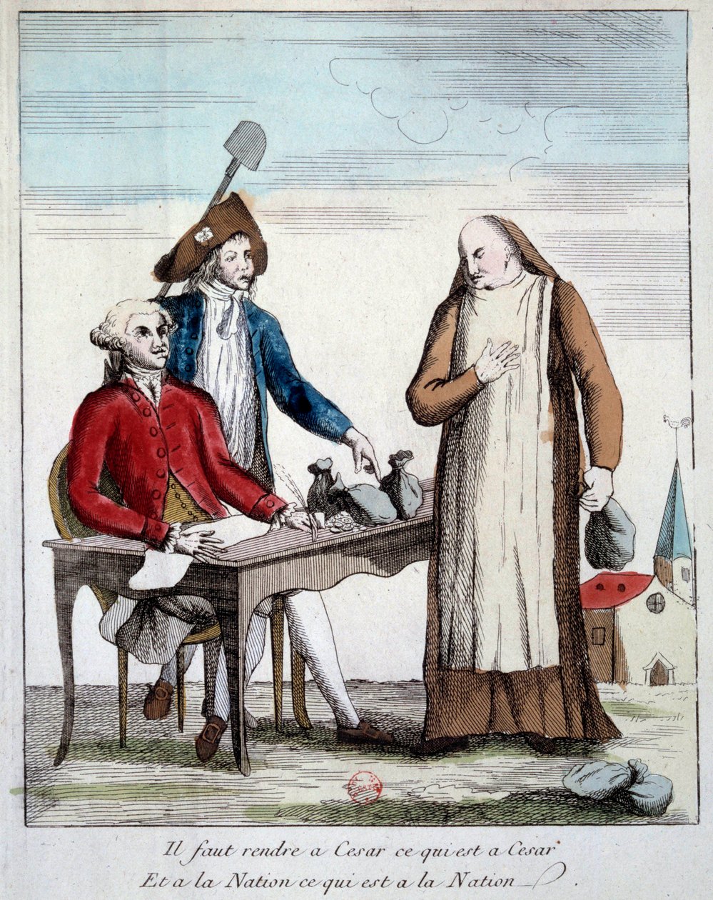 Revolución Francesa: representación caricaturesca de un miembro del clero obligado a devolver la propiedad de la iglesia. "Debemos devolver a César lo que es de César y a la Nación lo que es de la Nación" Grabado de 1790 París, Biblioteca del Arsenal de French School