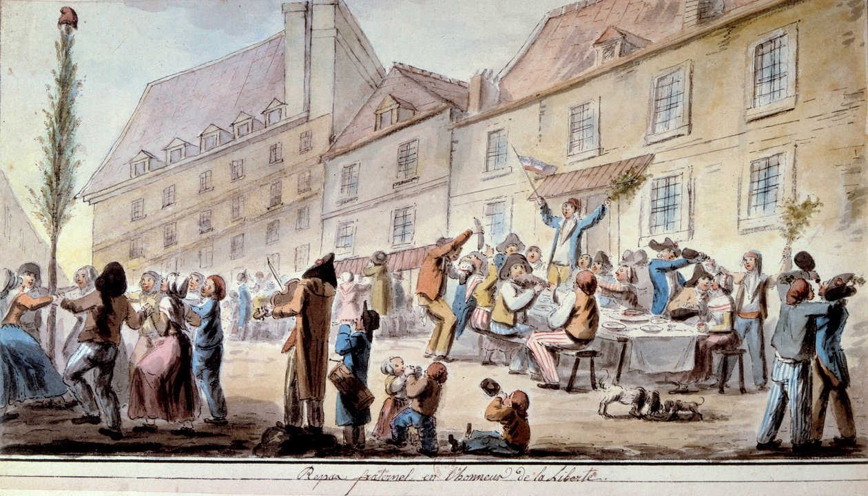 Revolución Francesa: comida fraternal en honor a la libertad en junio de 1793. Patriotas y parisinos celebrando la Libertad. El lema “Libertad, igualdad, fraternidad” apareció por primera vez en este período. Acuarela de 1793. París, Biblioteca del Arsenal de French School