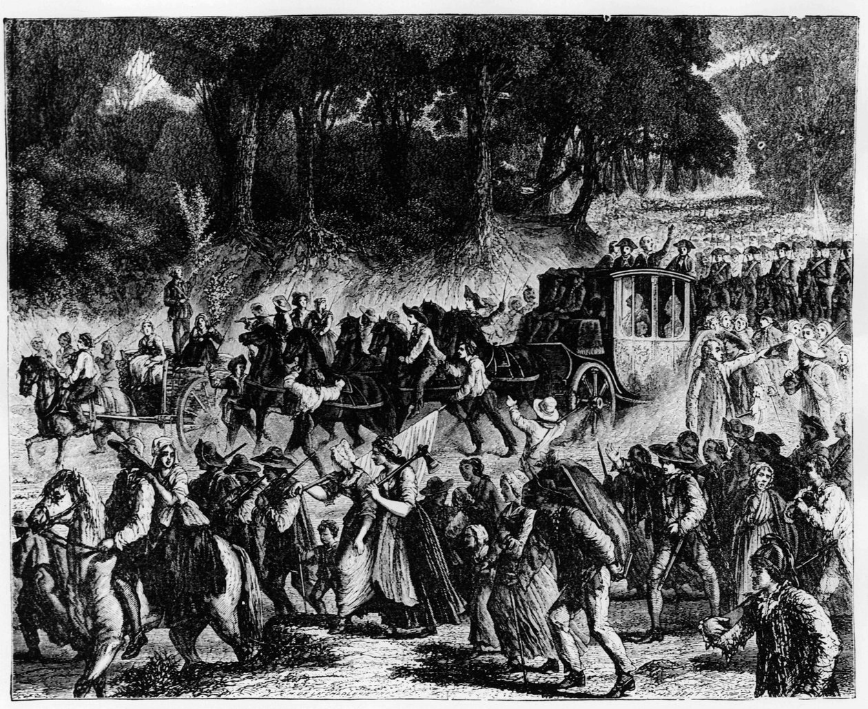 Revolución Francesa: la llegada de la familia real (Luis XVI y María Antonieta) a París, 5 de octubre de 1789 - grabado. de French School