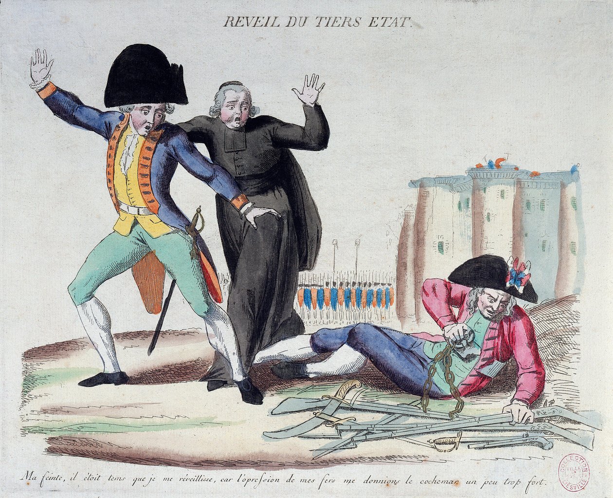 Revolución Francesa: el despertar del Tercer Estado. Caricatura sobre los tres órdenes. Se libera de sus cadenas bajo la mirada asustada del ejército y de los clérigos. Grabado francés de 1789. París, B.N. de French School