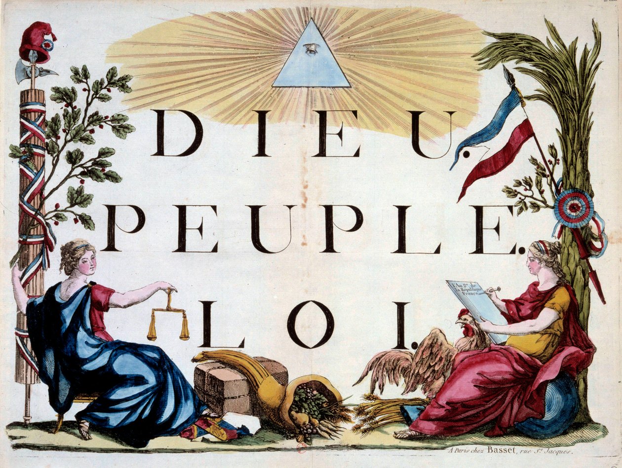 Revolución Francesa: el triángulo divino iluminando a Dios, el Pueblo y la Ley, las alegorías de Francia, Justicia, Abundancia y la república. Grabado de 1794. París, Biblioteca del Arsenal de French School