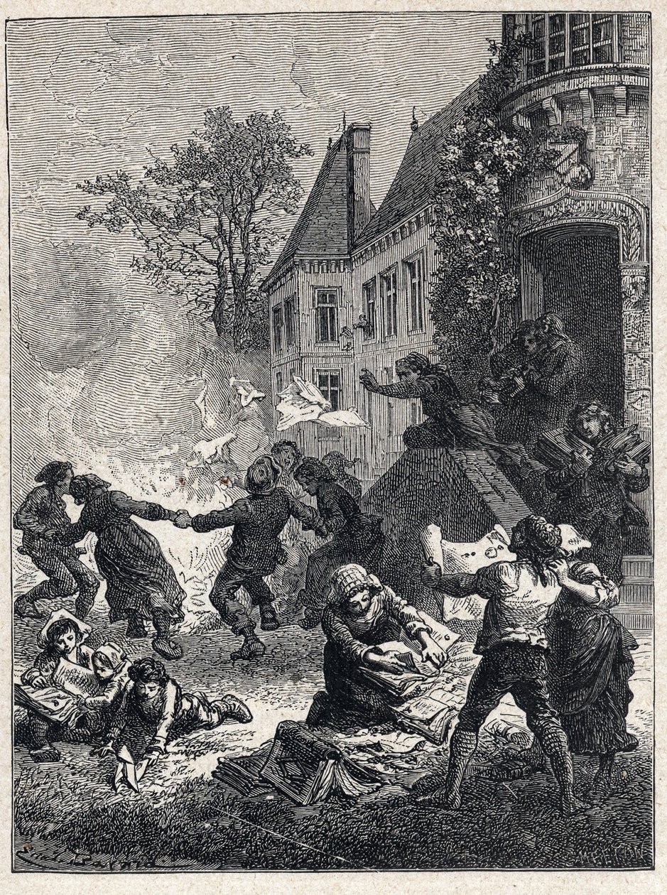 Revolución Francesa: los campesinos quemaron sus títulos feudales y bailaron alrededor del fuego para celebrar la abolición de los privilegios en agosto de 1789. Grabado de 1889. Colección privada de French School