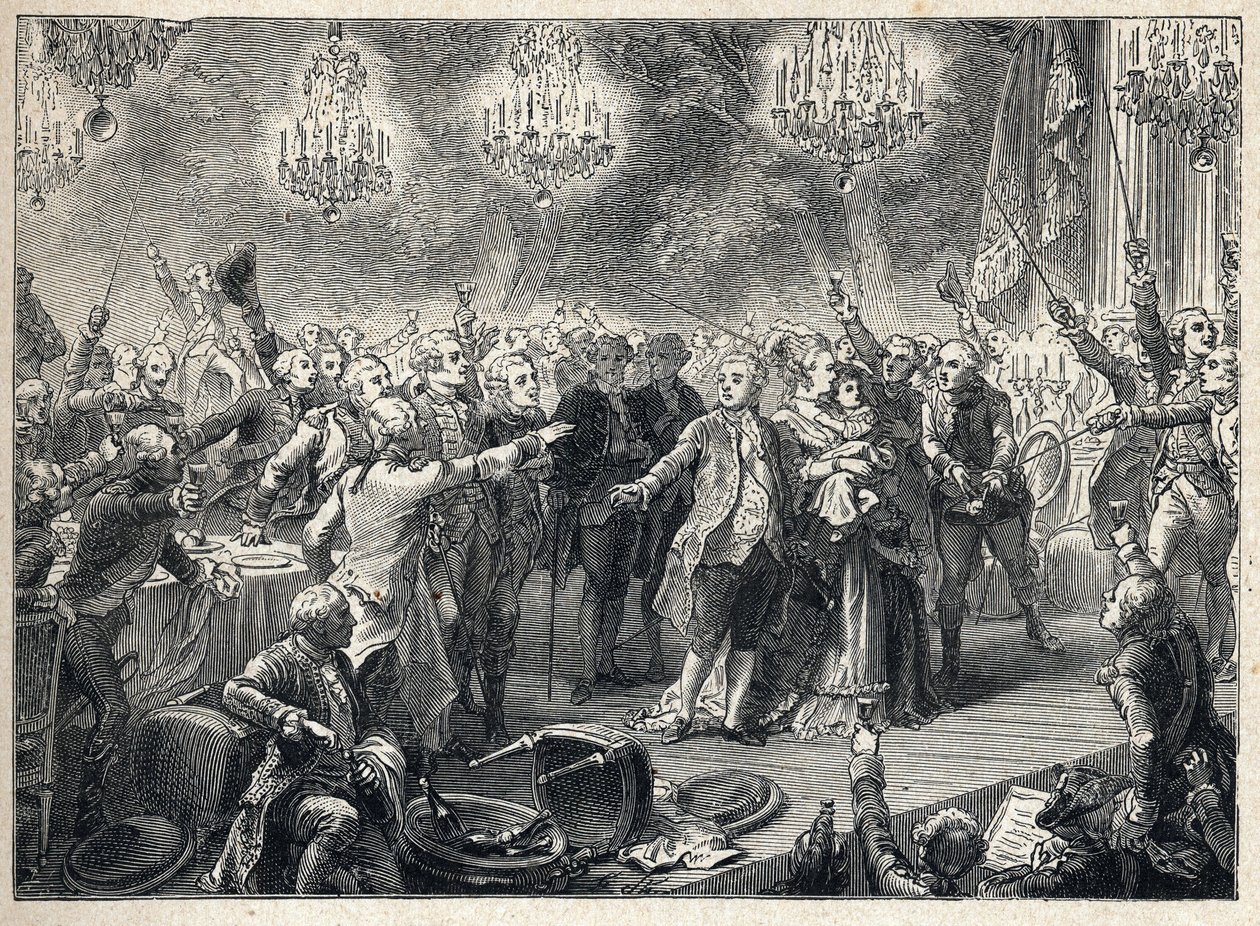 Revolución Francesa: los realistas juran lealtad a la monarquía en presencia del Rey Luis XVI (1754-1793) de la Reina María Antonieta (1755-1793) y el delfín en el banquete de los guardias del cuerpo organizado el 1 de octubre de 1789 en la Orangerie de Ve de French School