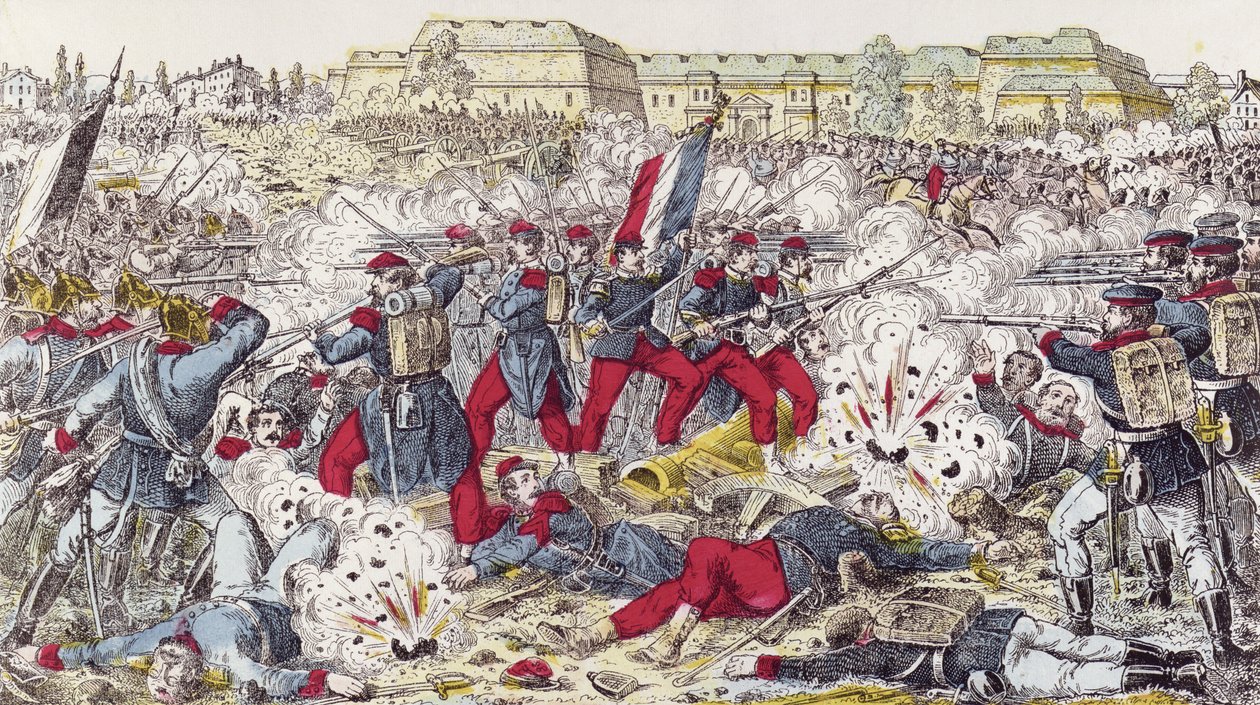 Tropas francesas rodeadas por el ejército prusiano en la batalla de Sedán, 31 de agosto de 1870 de French School