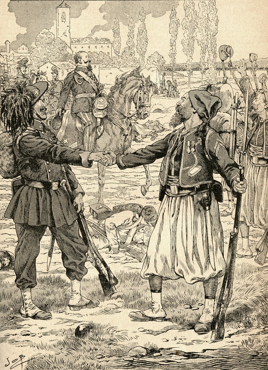 Soldados franceses y sardos se dan la mano para celebrar su victoria contra los austriacos tras la batalla de Palestro, Italia. de French School