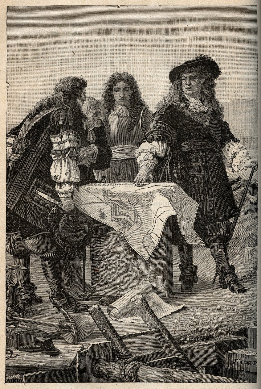 El arquitecto francés Vauban elabora los planos de las fortificaciones de Belfort (este de Francia) a petición de Luis XIV en 1687 - Sébastien Le Prestre de Vauban dando los planos de las fortificaciones de Belfort - grabado en “PATRIE” - DESCRIPTION PICTU de French School