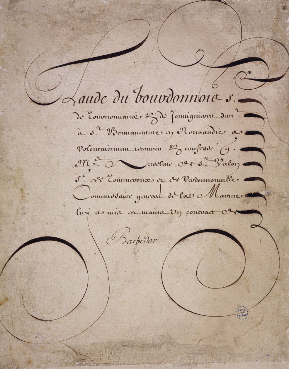 Caligrafía francesa: Carta de la cámara de cuentas por Louis Barbedor alrededor de 1640 de French School