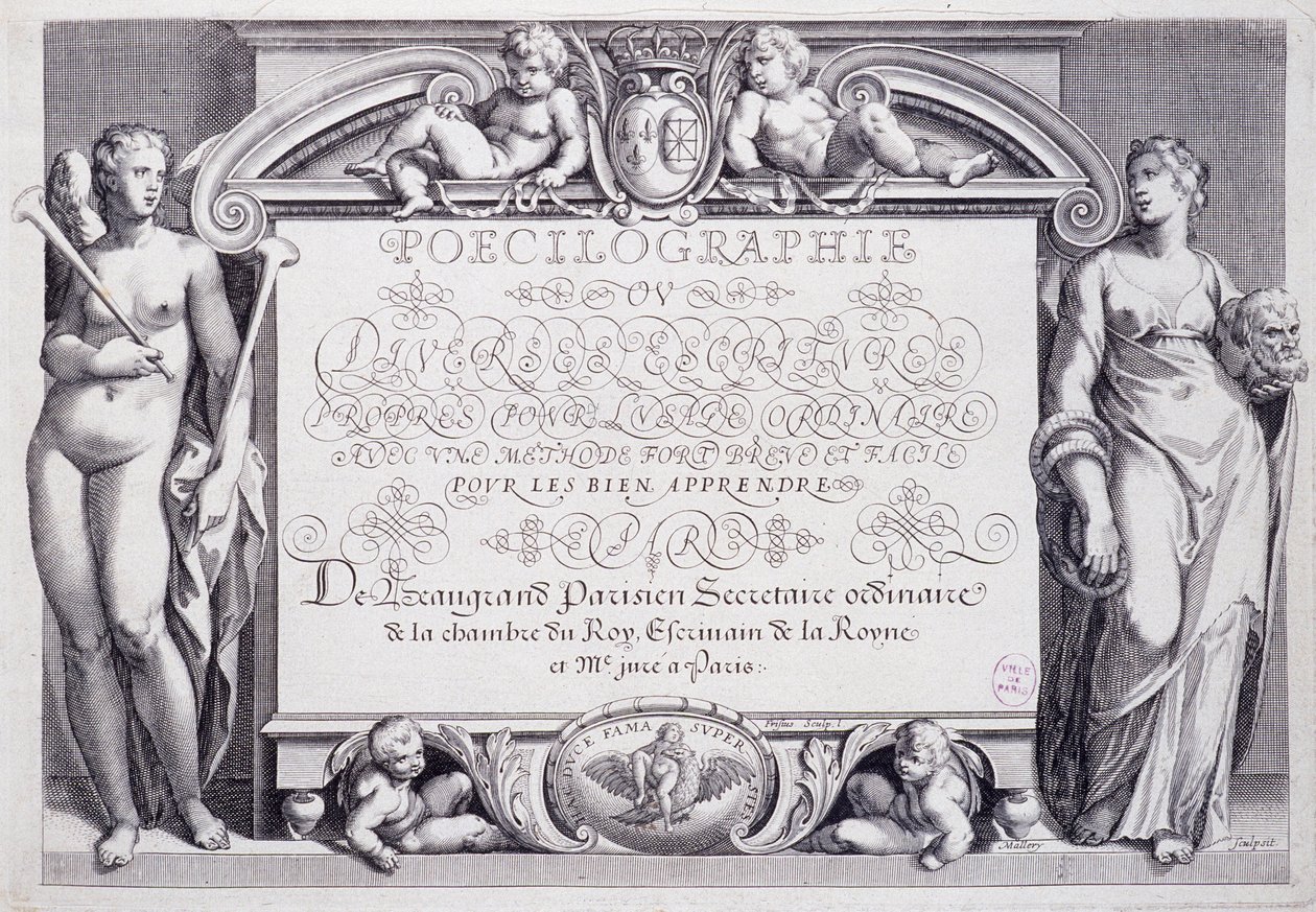 Caligrafía francesa: Poecilografía, frontispicio, por Baptiste de Beaugrand en 1606 de French School