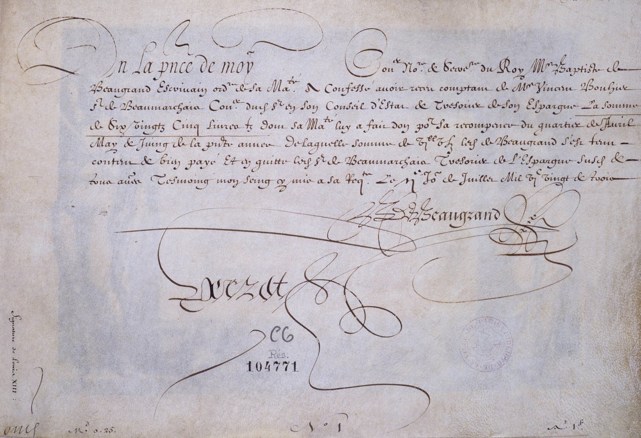 Caligrafía francesa: Recibo a favor de Bernard de Beaugrand entregado el 2 de julio de 1623. Biblioteca histórica de la ciudad de París de French School