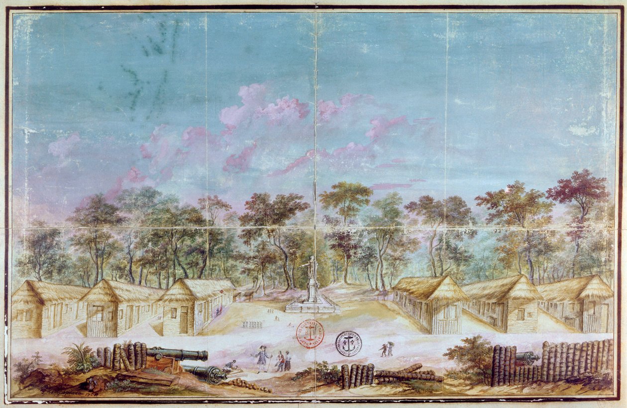 Asentamiento de colonos franceses en la playa de Kourou, Guayana en 1763 de French School