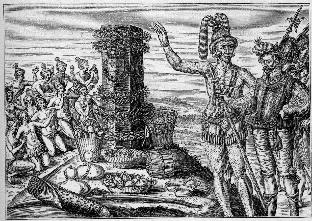 Colonia francesa en América: los floridanos aman la columna conmemorativa erigida por René de Laudonnière en memoria de los ataques españoles a las colonias protestantes francesas en 1564. De un grabado del siglo XVI. En “La Marine et les colonies: commerc de French School