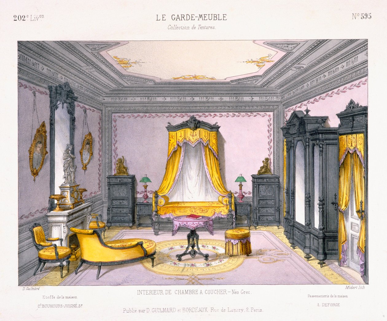 Diseño francés para el interior de un dormitorio en estilo Neo Griego del libro de patrones Le Garde-Meuble, Publicado por D Guillard, París de French School