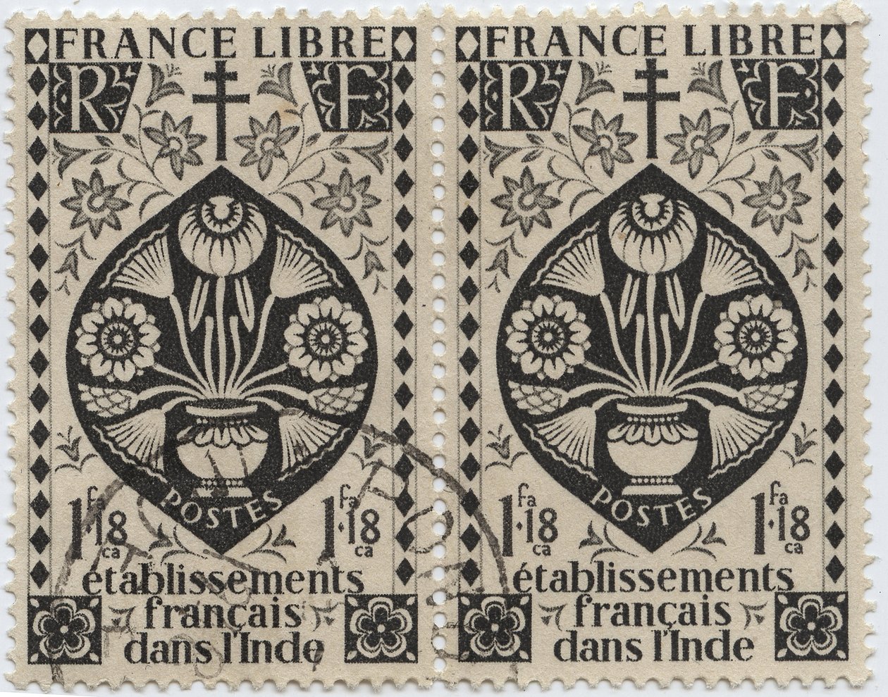 Establecimientos franceses en India - FRANCE LIBRE y Cruz de Lorena - Sello 1942 de French School