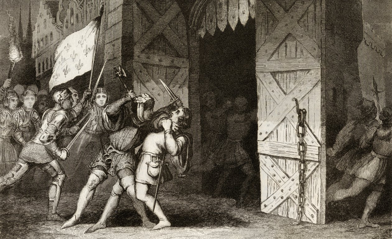 Caballeros franceses atacan una ciudad controlada por los ingleses durante la Guerra de los 100 Años, de 