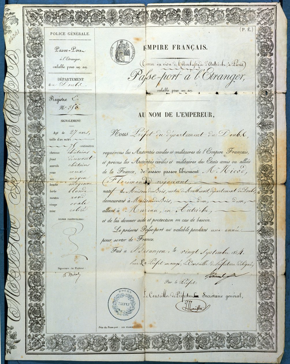 Pasaporte francés, de Besançon, 20 de septiembre de 1854 de French School