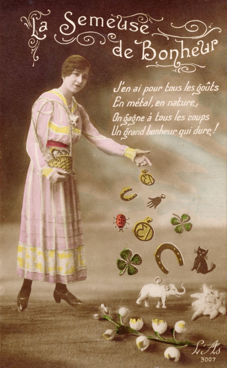 Tarjeta postal francesa que representa La Semeuse de Bonheur (La sembradora de buena suerte), 29 de marzo de 1914 de French School