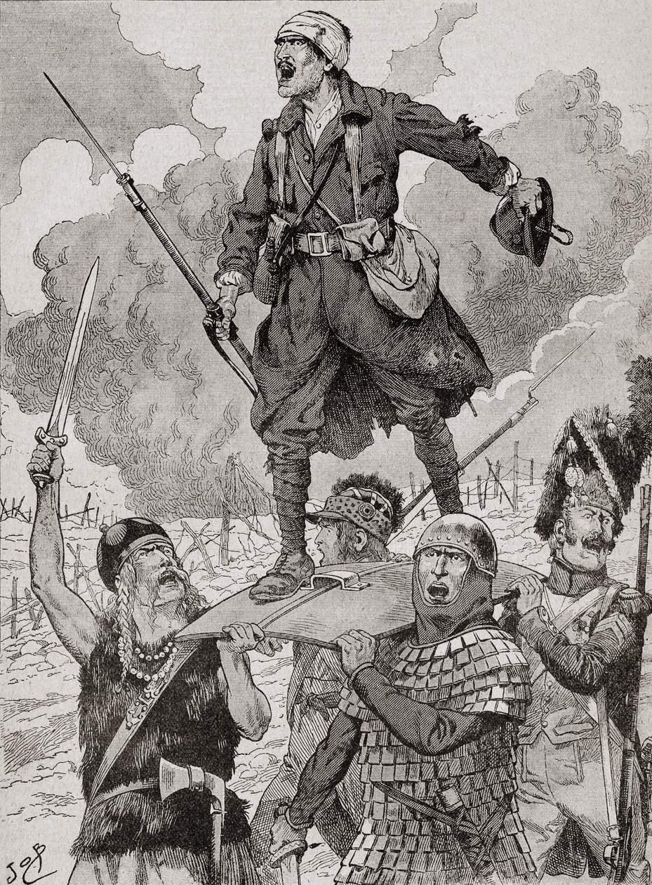 Cartel de propaganda francesa titulado "On Les Aura", o "Los tendremos". Cuatro soldados de diferentes periodos históricos llevan en un escudo a un soldado herido pero desafiante de la Primera Guerra Mundial. De la Agenda Buvard du Bon Marche publicada en  de French School