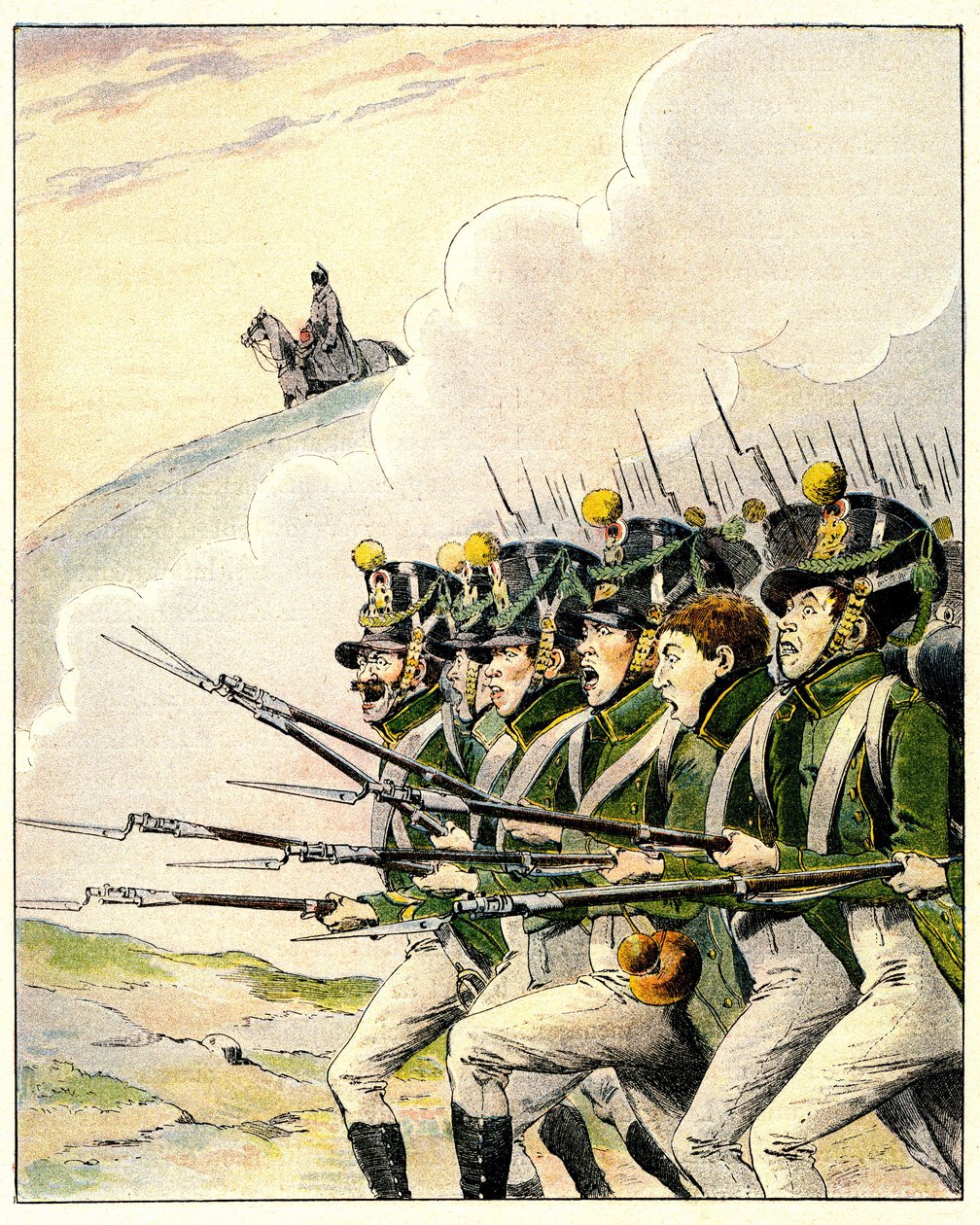 Soldados franceses durante la batalla de Waterloo (litografia en color) de French School