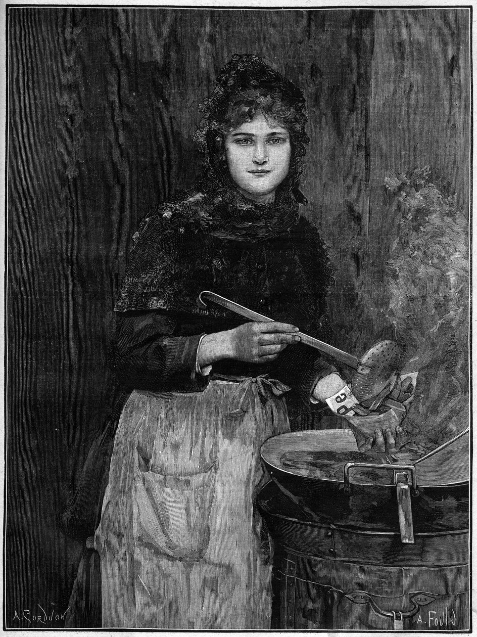 Vendedor de papas fritas; grabado de 1888 del cuadro de Achilles Foald de French School
