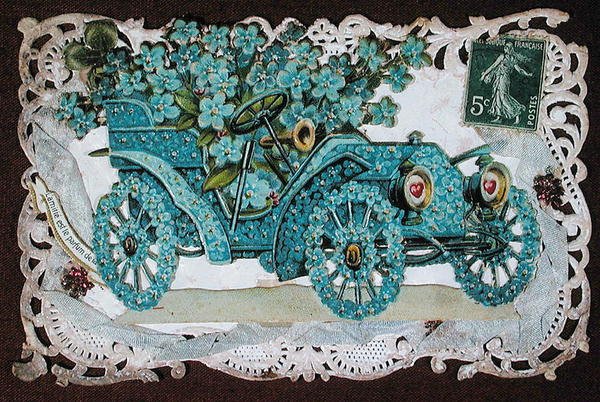 Tarjeta de felicitación de amistad que muestra un coche cubierto de flores, principios del siglo XX de French School