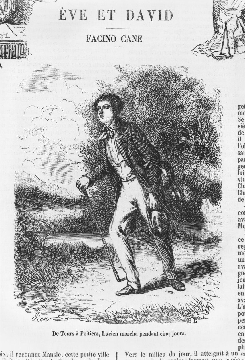 De Tours a Poitiers, Lucien de Rubempré caminando durante cinco días, ilustración de 