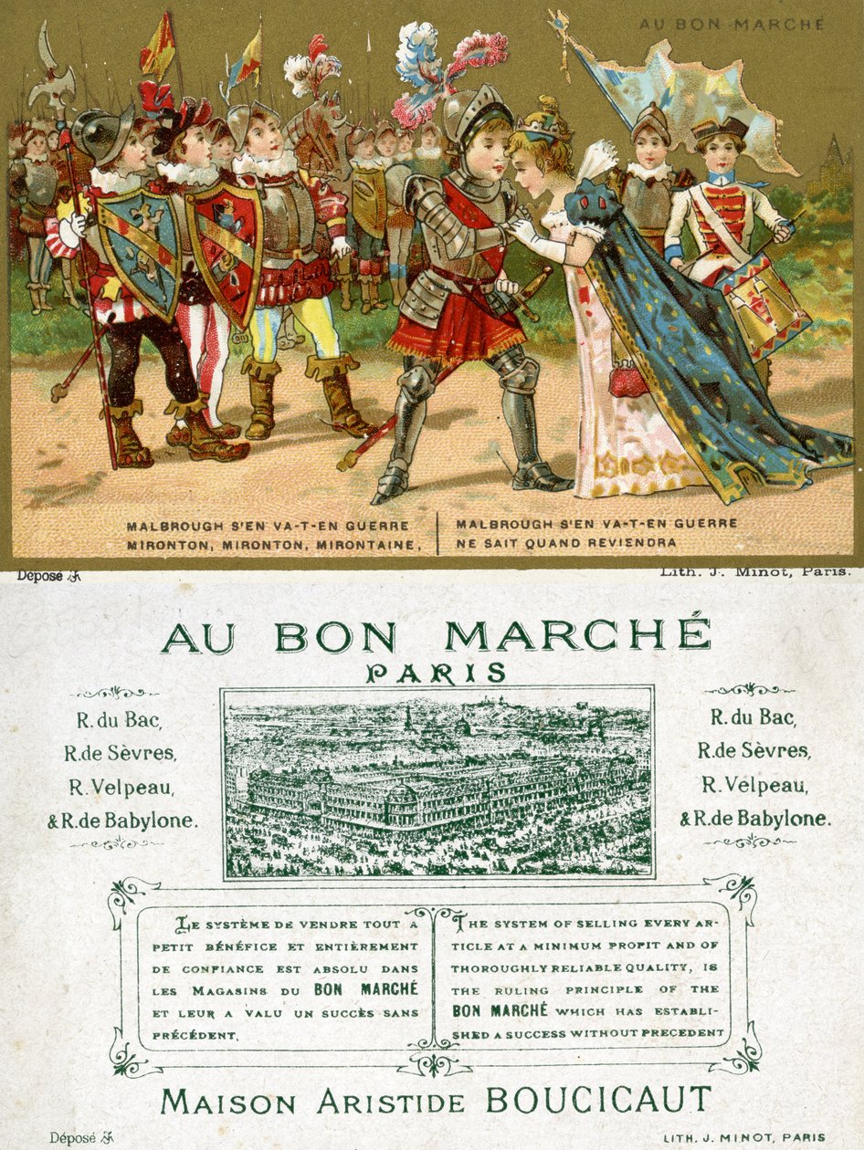 Anverso y reverso de una tarjeta promocional para los grandes almacenes parisinos Au Bon Marché, que representa una de las canciones populares más conocidas en francés, Marlbrough sen va-t-en guerre (Marlborough de French School