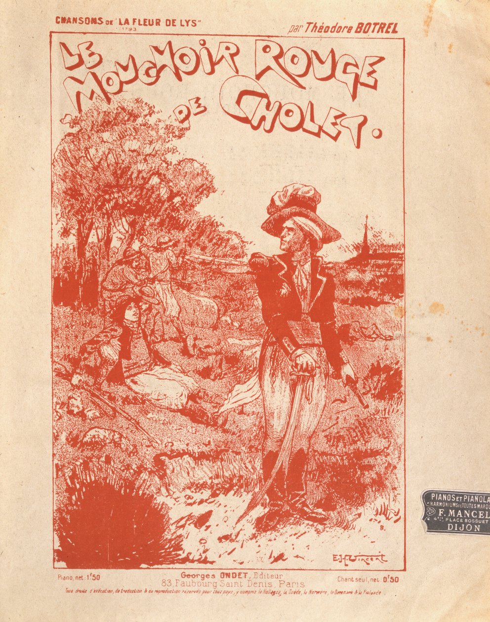 Portada de la partitura de la canción Le Mouchoir Rouge de Cholet, escrita y compuesta por Théodore Botrel de French School