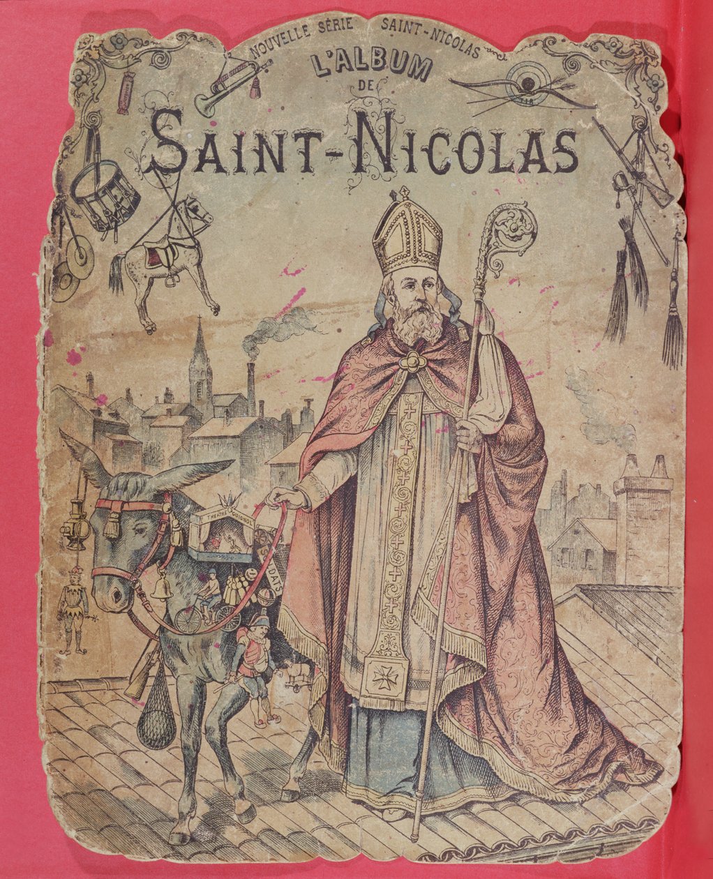 Portada de un álbum de imágenes que representa a San Nicolás trayendo regalos a los niños, finales del siglo XIX de French School