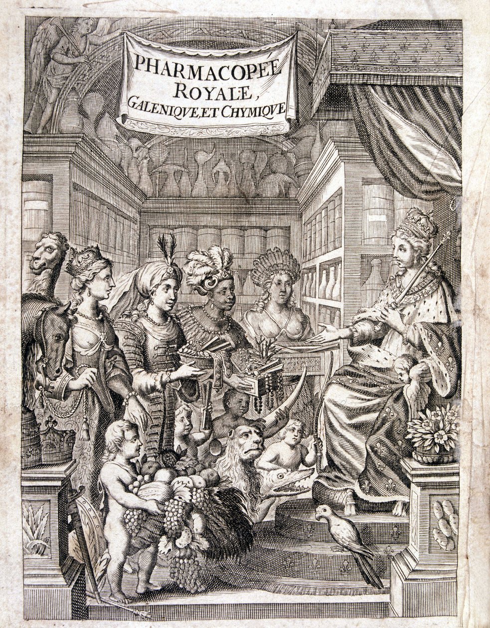 Frontispicio de la "Farmacopea real, galénica y química" de Morse Charas, Farmacia del Jardín Real de Plantas de Laurent d