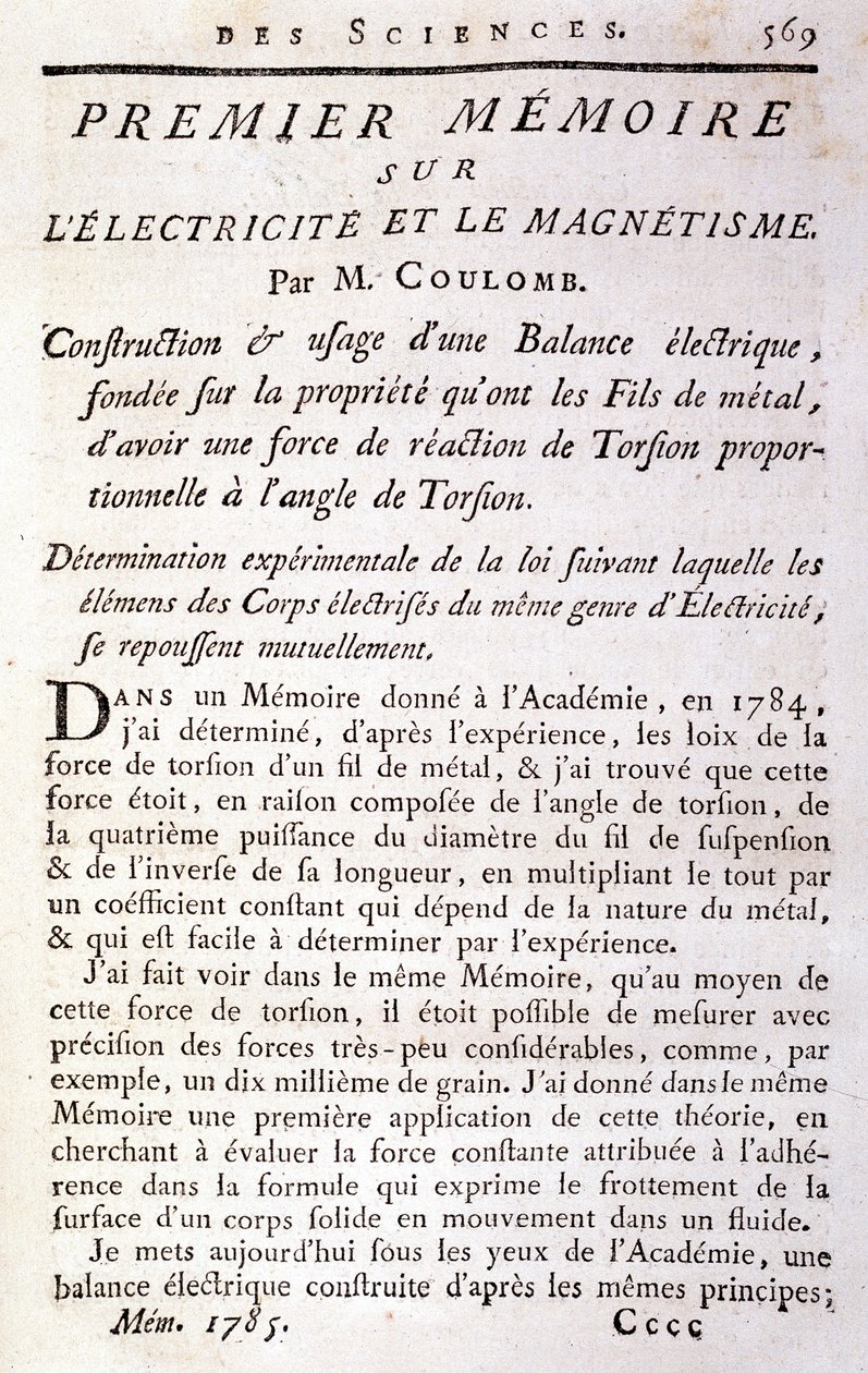 Frontispicio del libro “Primer memorando sobre electricidad y magnetismo” por Coulomb de French School