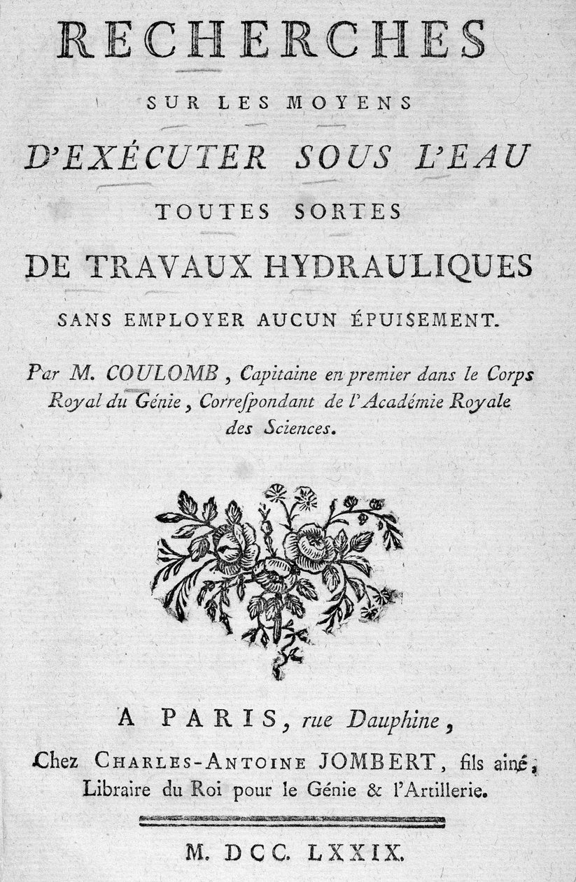 Frontispicio del libro “Investigaciones sobre formas de realizar bajo el agua todo tipo de trabajos hidráulicos” por Coulomb de French School