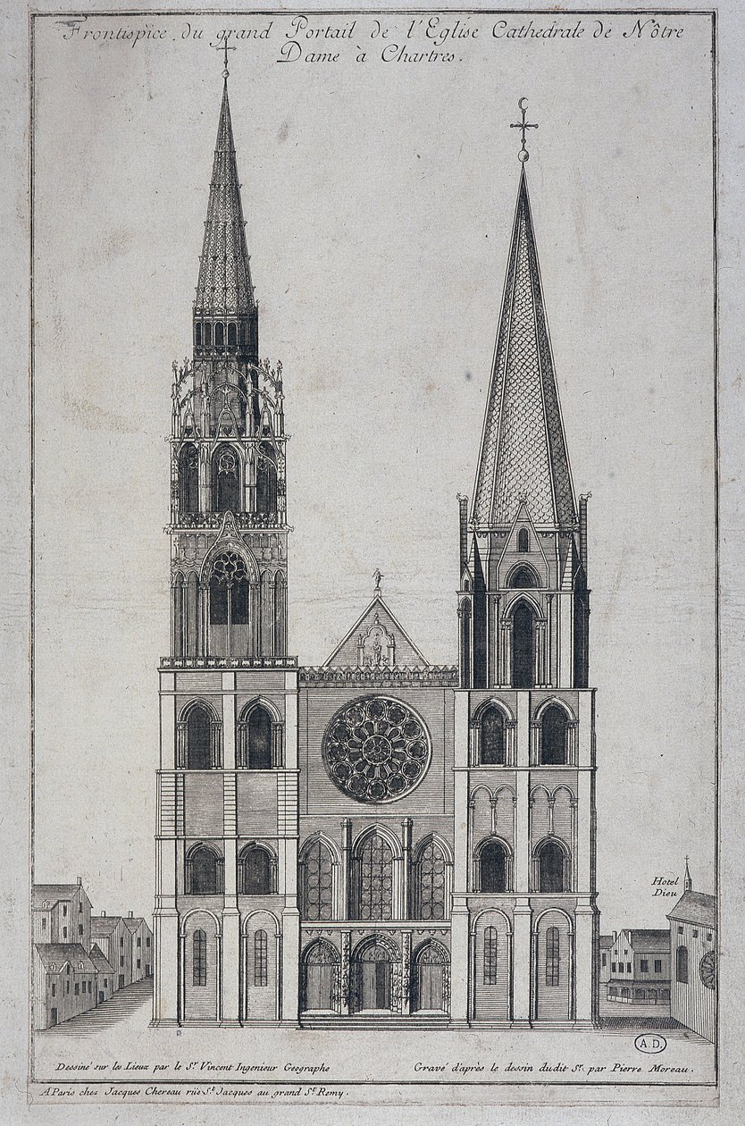 Frontispicio del gran portal de la Iglesia Catedral de Notre Dame en Chartres, diseñado in situ por Saint Vincent Geographer Engineer, s.d. siglo XIX de French School