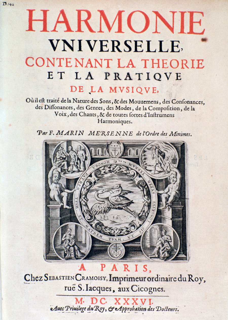 Frontispicio de Harmonie universelle contenant la theorie et la pratique de la musique por Marin Mersenne (Marin Mersennus o le Pere Mersenne) (1588-1648), 1637. de French School