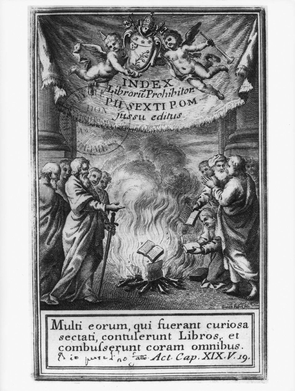 Frontispicio del Index Librorum Prohibitorum que representa un auto de fe, 1786 de French School