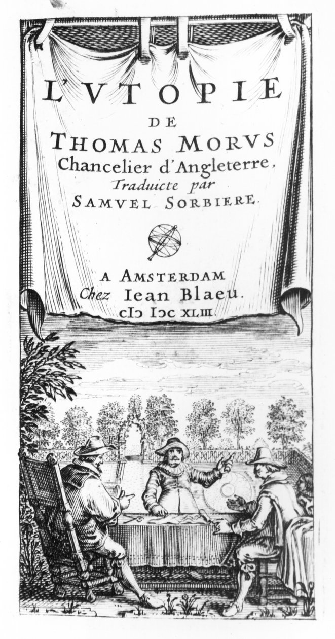 Frontispicio de La Utopía de Thomas More (1478-1535), canciller de Inglaterra, traducido por Samuel Sorbiere, pub. por Jan Blaeu en Ámsterdam, 1643 de French School
