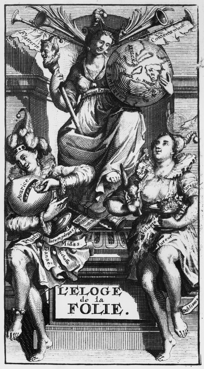 Frontispicio de Encomio de la locura de Desiderio Erasmo de French School