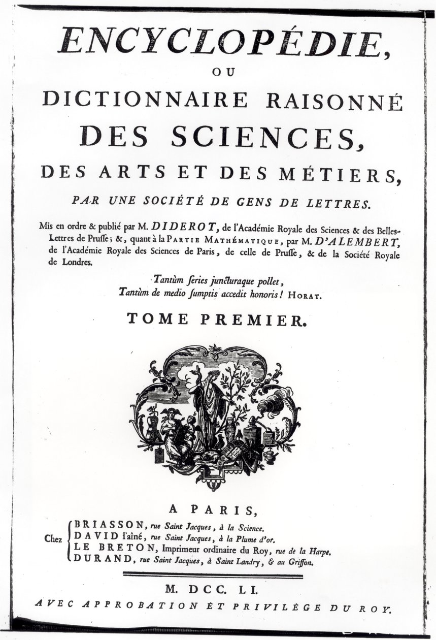 Frontispicio de La Enciclopedia de Ciencia, Arte e Ingeniería de Denis Diderot (1713-84) publicada en París, 1751 de French School