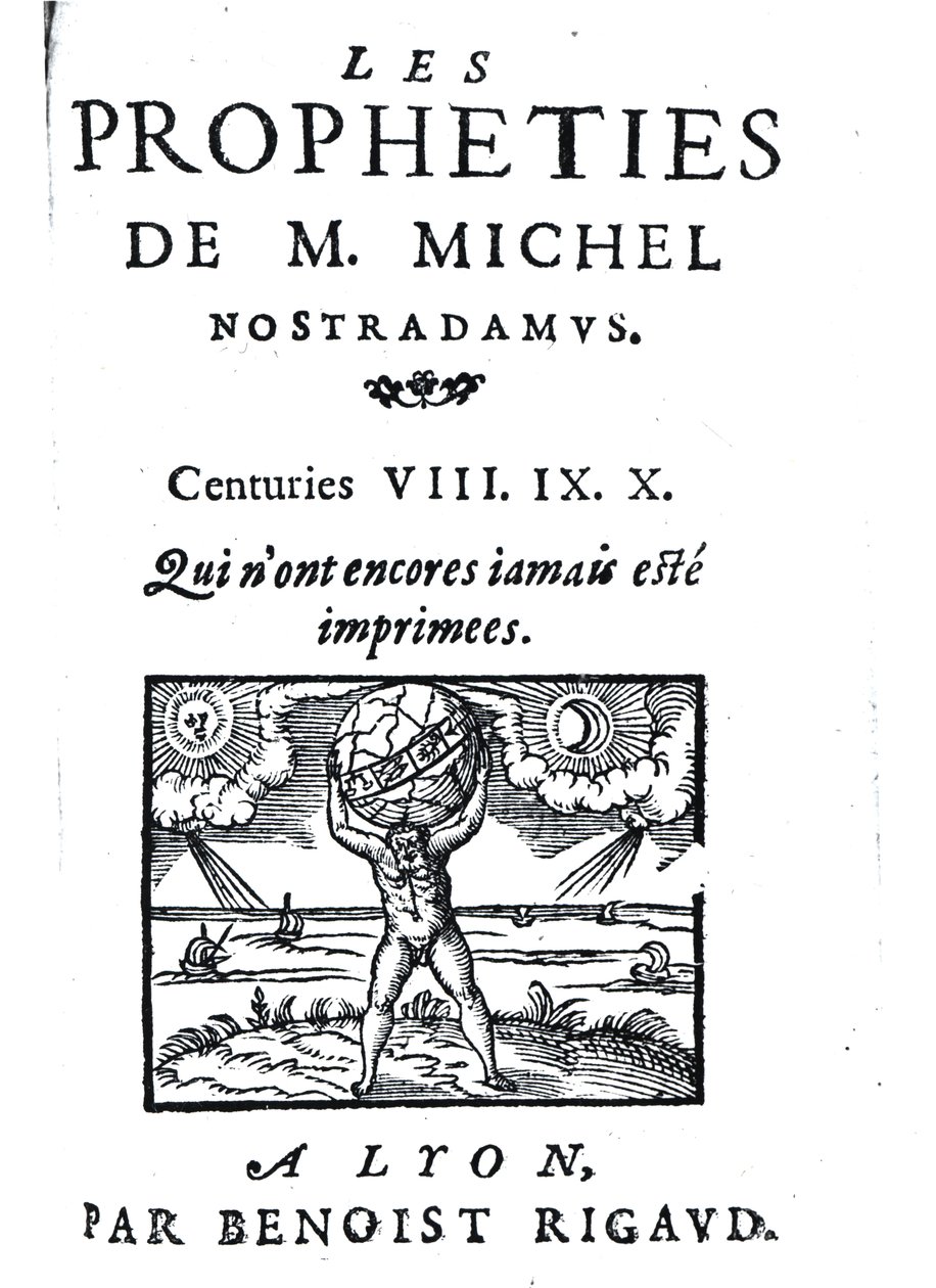 Frontispicio de Las profecías de M. Michel Nostradamus, pub. por Benoist Rigaud, 1568 de French School