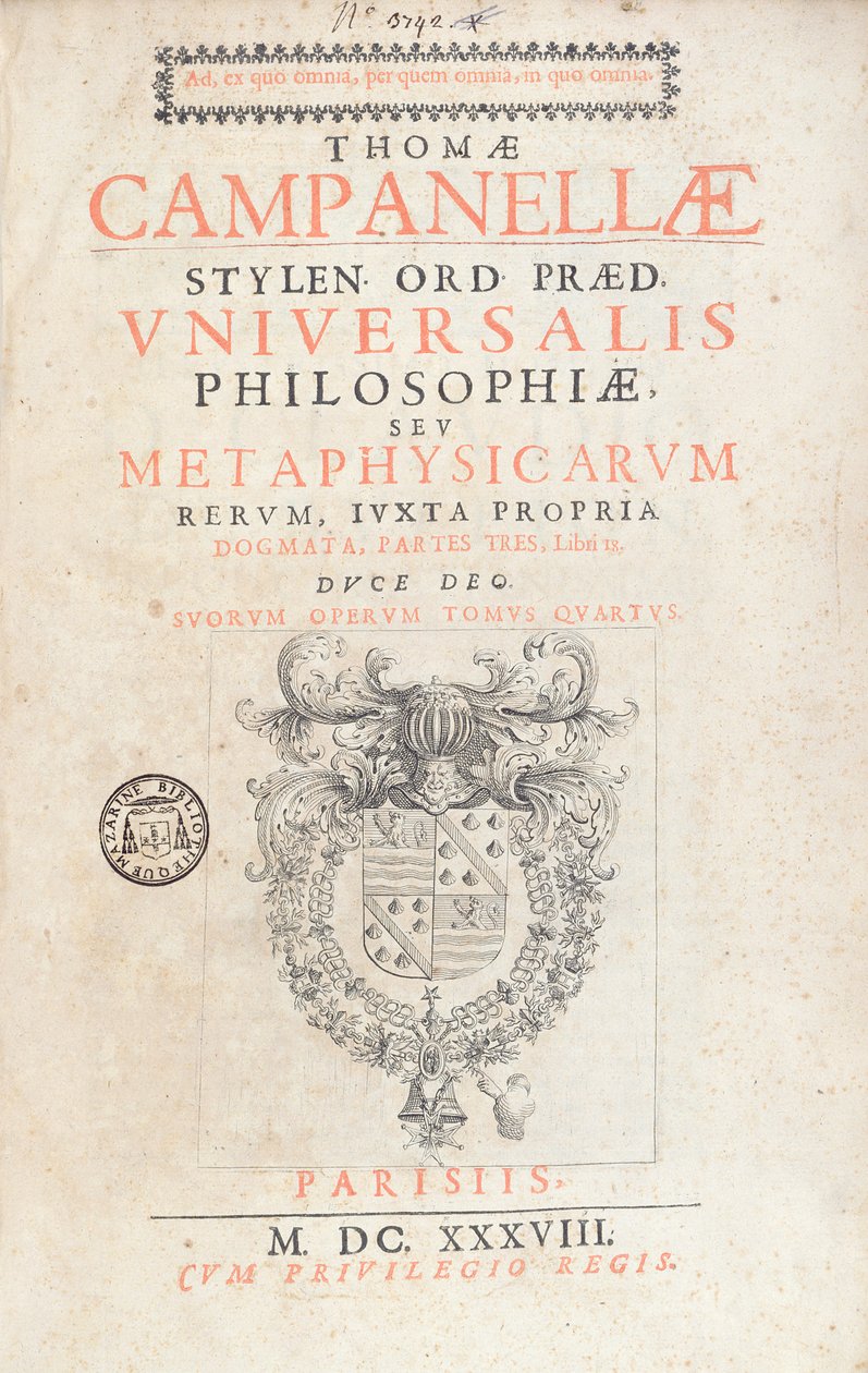Frontispicio de Universalis Philosophiae por Tommaso Campanella, publicado en París, 1638 de French School