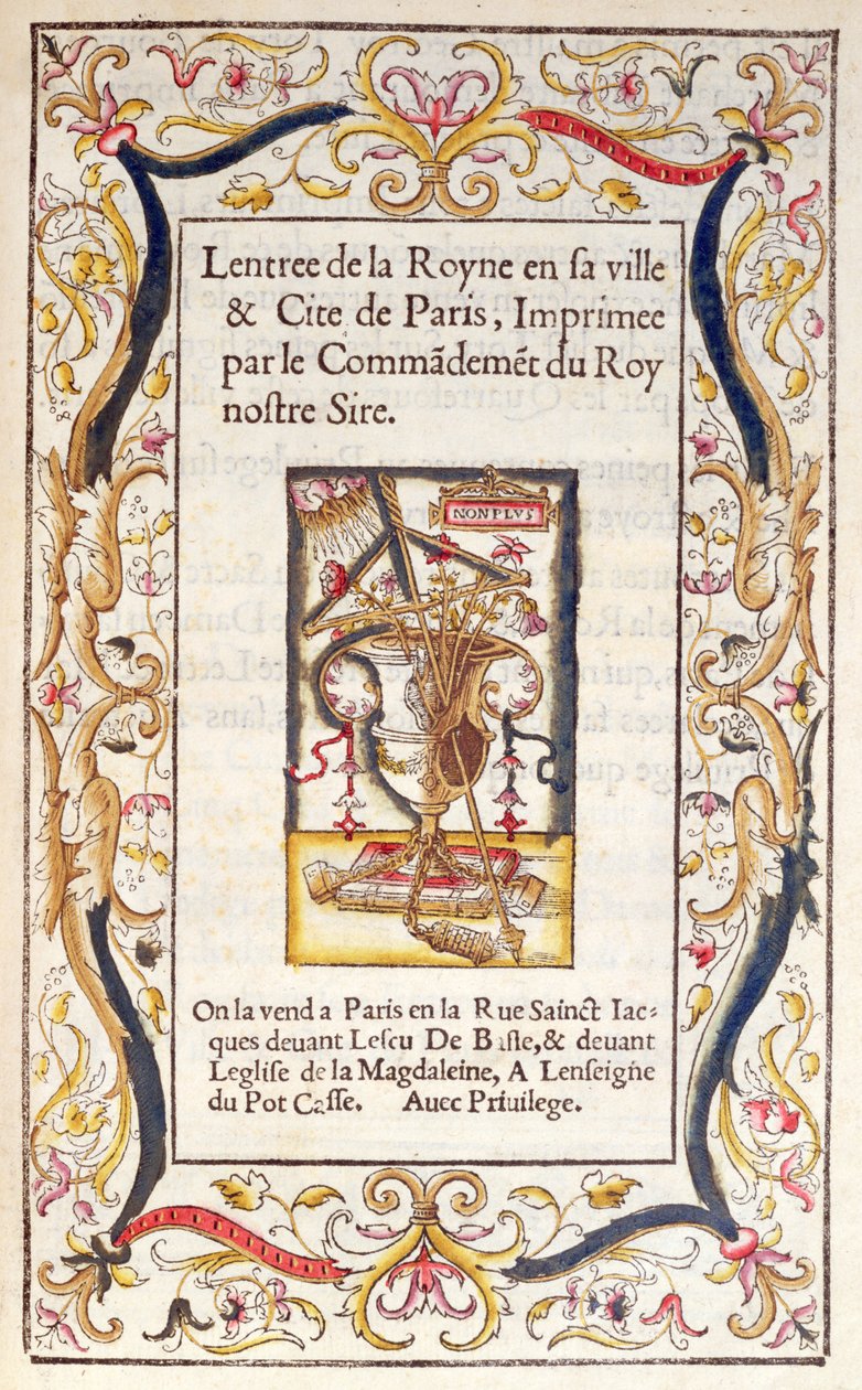 Portada de un libro sobre la entrada de Marguerite de Navarre (1492-1549) en París en 1531 de French School